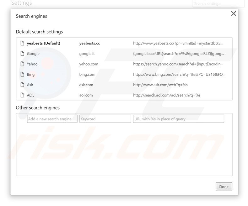 Eliminando yeabests.cc del motor de búsqueda por defecto de Google Chrome