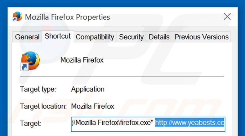 Eliminar yeabests.cc del destino del acceso directo de Mozilla Firefox paso 2