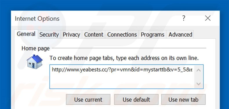 Eliminando yeabests.cc de la página de inicio de Internet Explorer