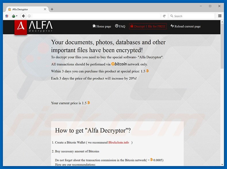 Sitio web del virus criptográfico Alpha