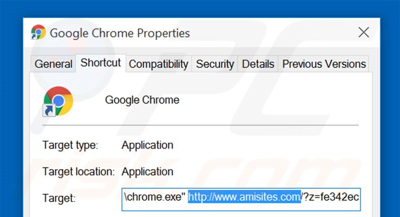 Eliminar amisites.com del destino del acceso directo de Google Chrome paso 2