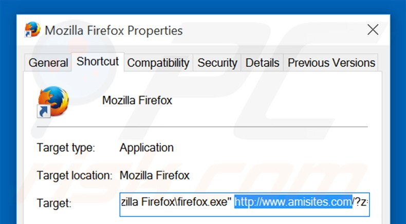 Eliminar amisites.com del destino del acceso directo de Mozilla Firefox paso 2