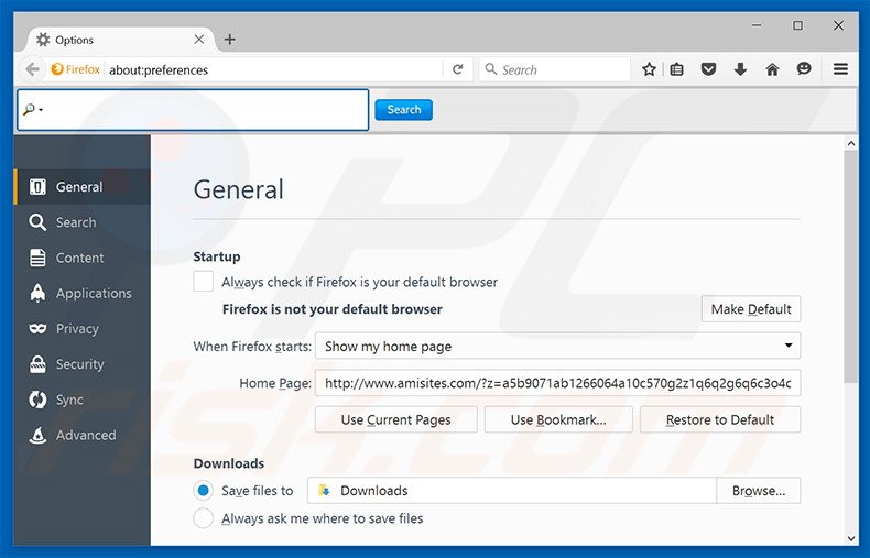 Eliminando amisites.com de la página de inicio de Mozilla Firefox