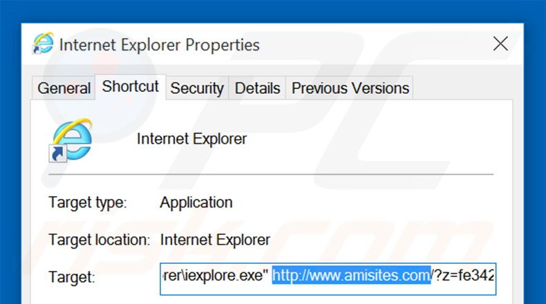 Eliminar amisites.com del destino del acceso directo de Internet Explorer paso 2