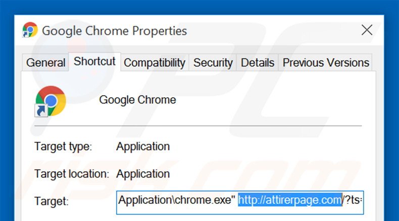 Eliminar attirerpage.com del destino del acceso directo de Google Chrome paso 2