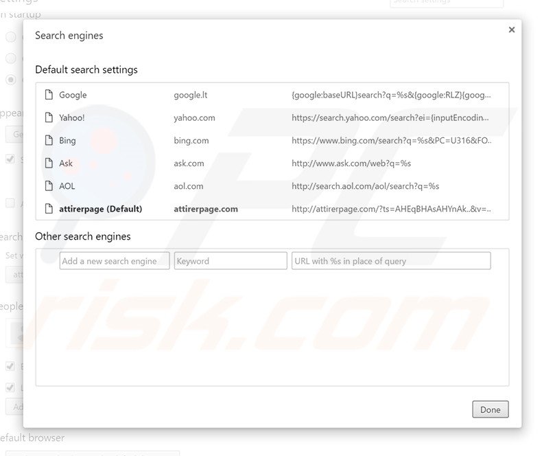 Eliminando attirerpage.com del motor de búsqueda por defecto de Google Chrome