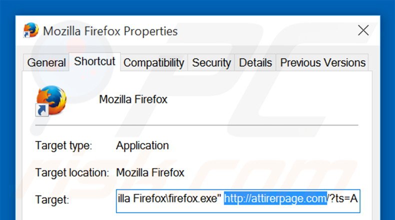 Eliminar attirerpage.com del destino del acceso directo de Mozilla Firefox paso 2
