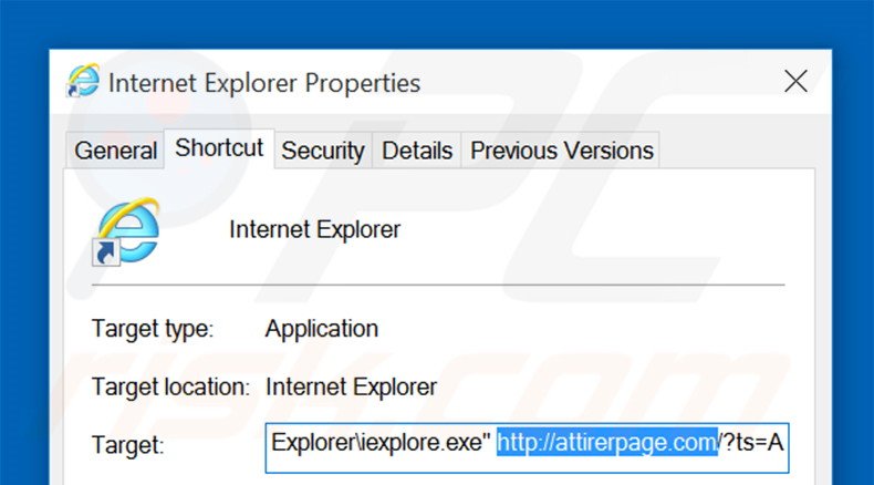 Eliminar attirerpage.com del destino del acceso directo de Internet Explorer paso 2