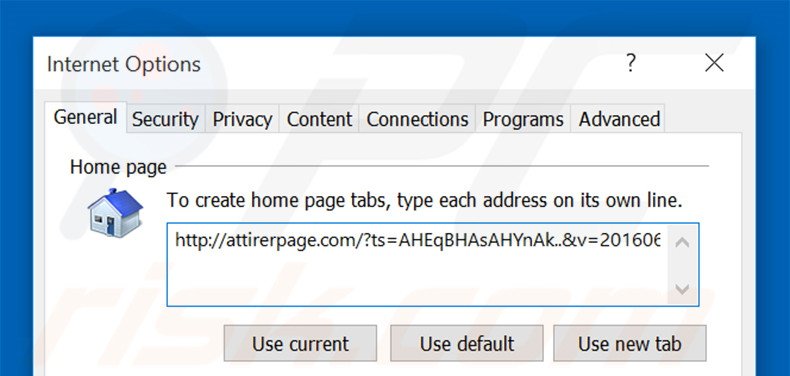 Eliminando attirerpage.com de la página de inicio de Internet Explorer