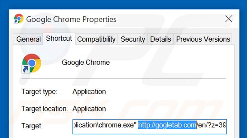 Eliminar gogletab.com del destino del acceso directo de Google Chrome paso 2