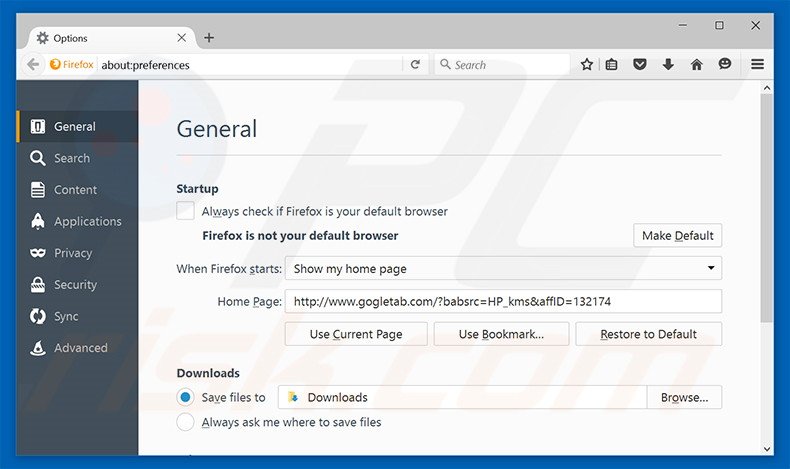 Eliminando gogletab.com de la página de inicio de Mozilla Firefox