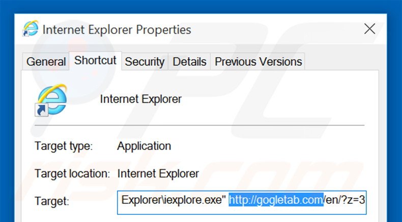 Eliminar gogletab.com del destino del acceso directo de Internet Explorer paso 2