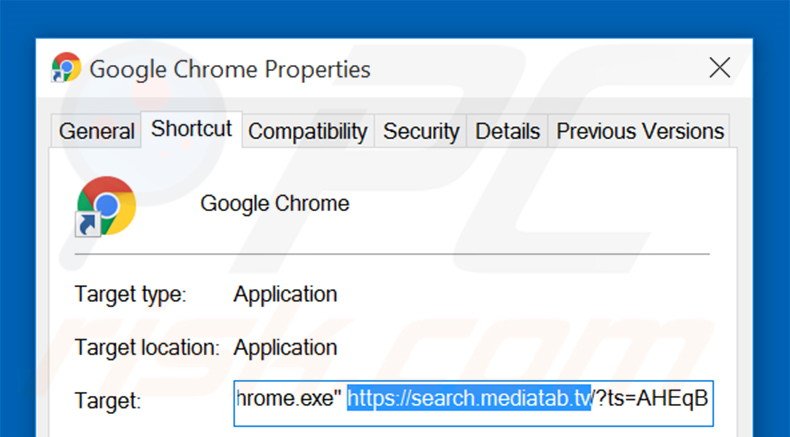 Eliminar search.mediatab.tv del destino del acceso directo de Google Chrome paso 2