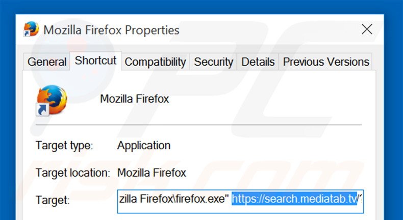 Eliminar search.mediatab.tv del destino del acceso directo de Mozilla Firefox paso 2