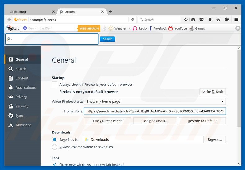Eliminando search.mediatab.tv de la página de inicio de Mozilla Firefox