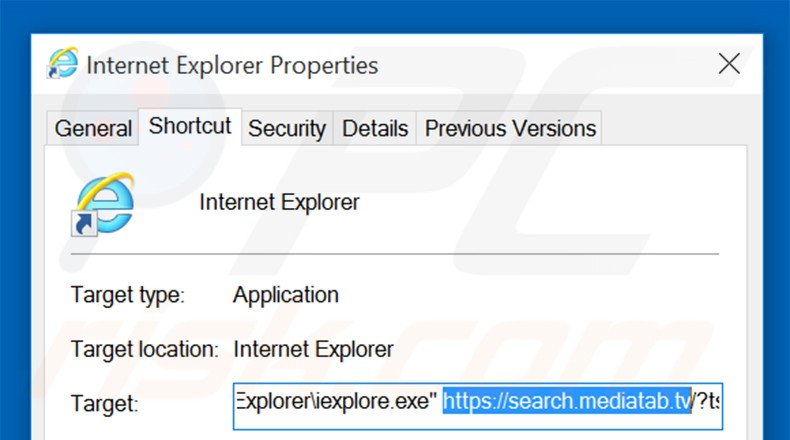 Eliminar search.mediatab.tv del destino del acceso directo de Internet Explorer paso 2