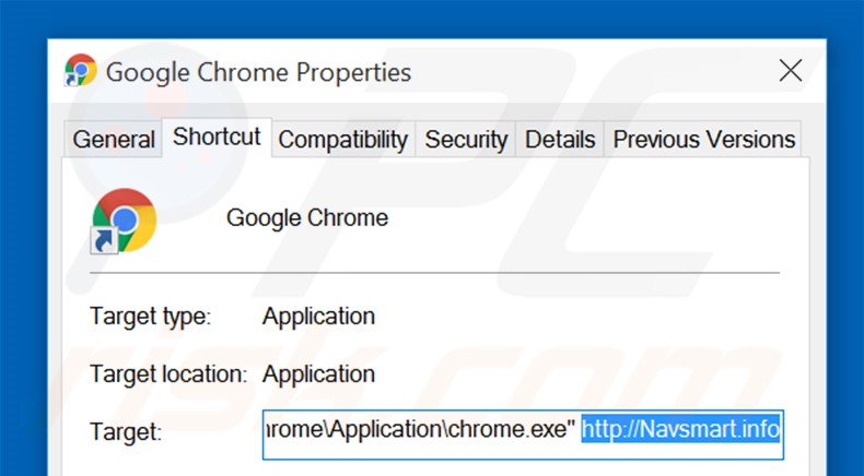 Eliminar navsmart.info del destino del acceso directo de Google Chrome paso 2