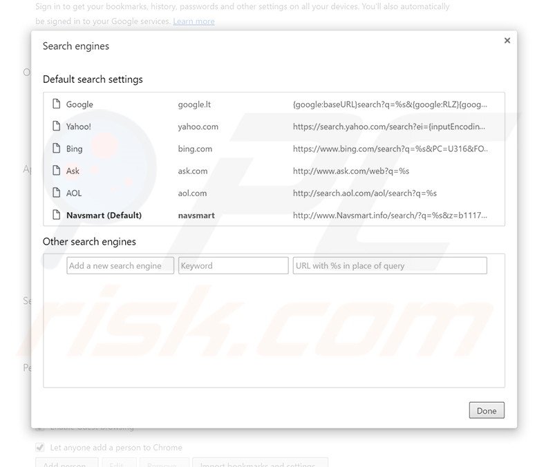 Eliminando navsmart.info del motor de búsqueda por defecto de Google Chrome