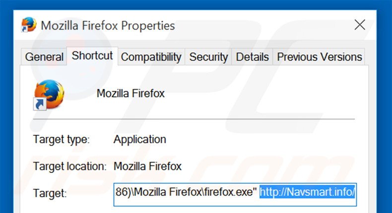 Eliminar navsmart.info del destino del acceso directo de Mozilla Firefox paso 2