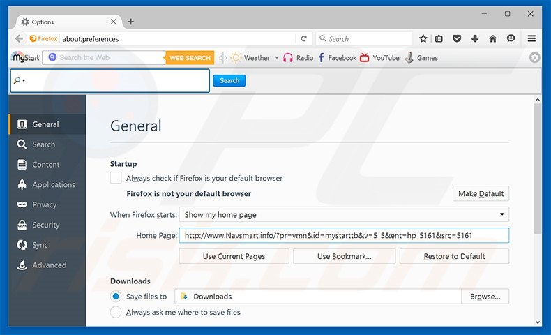 Eliminando navsmart.info de la página de inicio de Mozilla Firefox