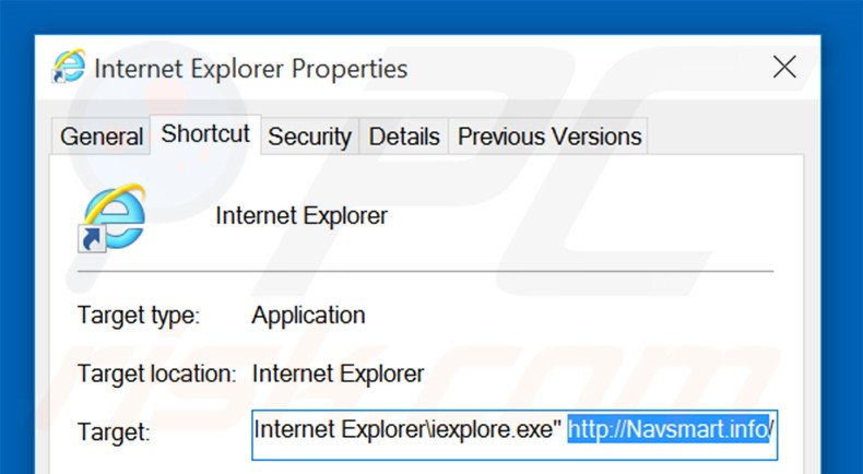 Eliminar navsmart.info del destino del acceso directo de Internet Explorer paso 2