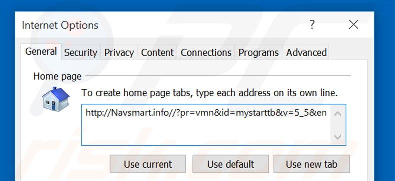 Eliminando navsmart.info de la página de inicio de Internet Explorer