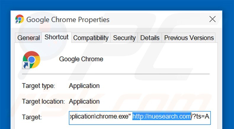 Eliminar nuesearch.com del destino del acceso directo de Google Chrome paso 2