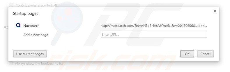 Eliminando nuesearch.com de la página de inicio de Google Chrome
