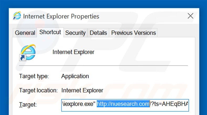 Eliminar nuesearch.com del destino del acceso directo de Internet Explorer paso 2