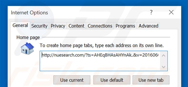 Eliminando nuesearch.com de la página de inicio de Internet Explorer