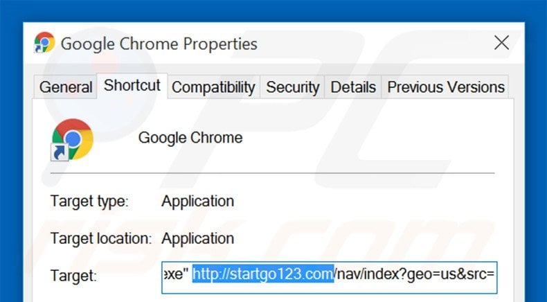 Eliminar startgo123.com del destino del acceso directo de Google Chrome paso 2