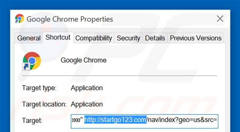 Eliminar startgo123.com del destino del acceso directo de Google Chrome paso 2