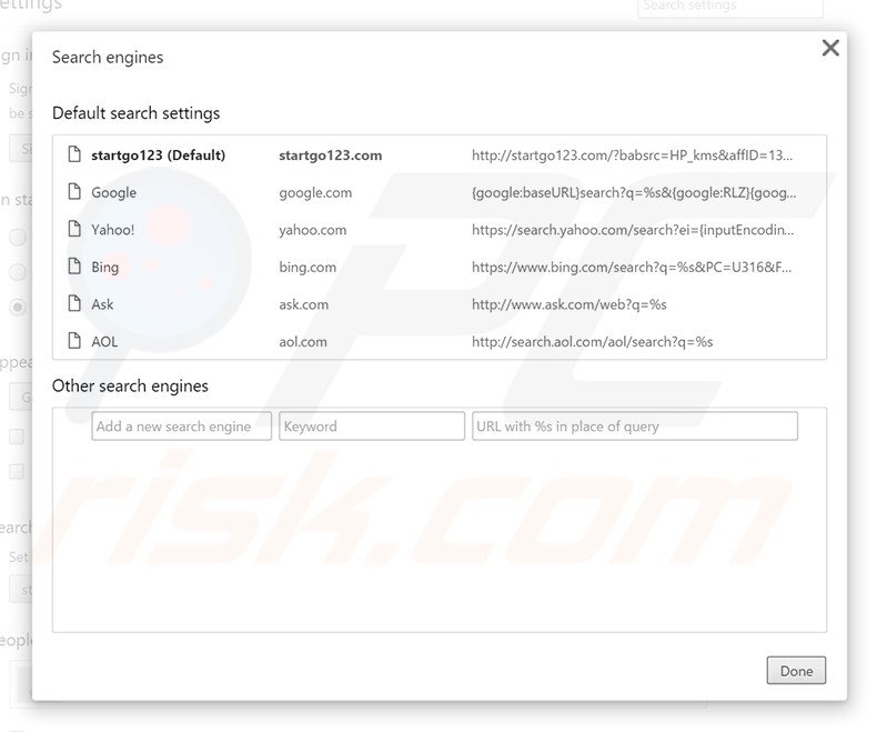 Eliminado startgo123.com del motor de búsqueda predeterminado en Google Chrome