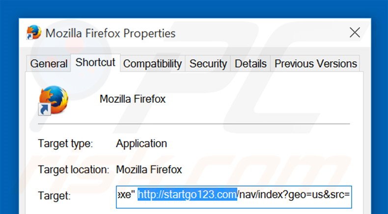 Eliminar startgo123.com del destino del acceso directo de Mozilla Firefox paso 2