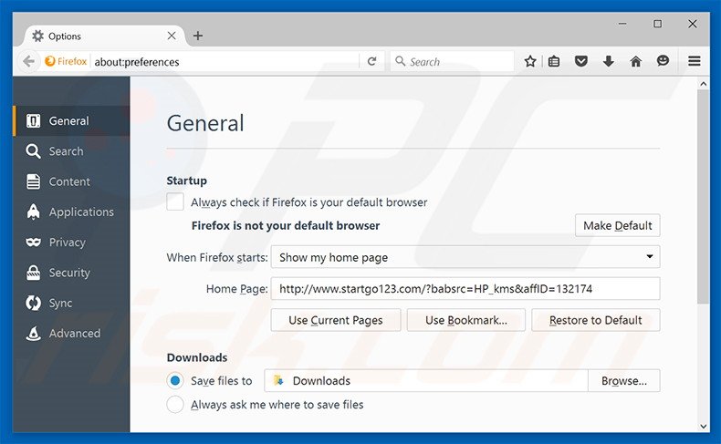 Eliminando startgo123.com de la página de inicio de Mozilla Firefox