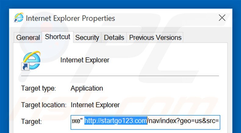 Eliminar startgo123.com del destino del acceso directo de Internet Explorer paso 2