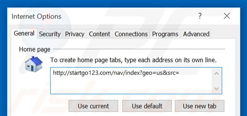 Eliminando startgo123.com de la página de inicio de Internet Explorer