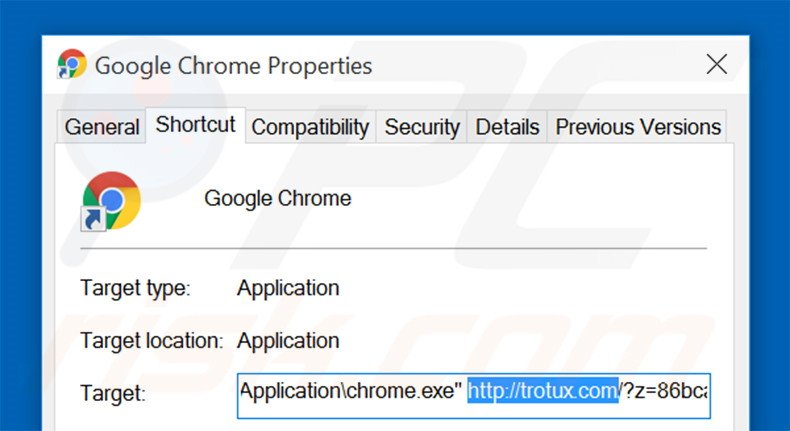 Eliminar trotux.com del destino del acceso directo de Google Chrome paso 2