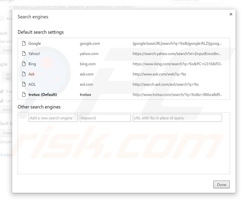 Eliminando trotux.com del motor de búsqueda por defecto de Google Chrome