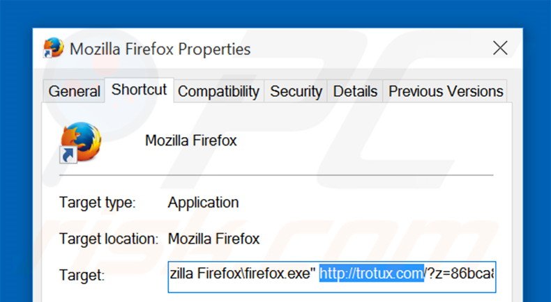 Eliminar trotux.com del destino del acceso directo de Mozilla Firefox paso 2