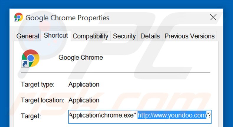 Eliminar youndoo.com del destino del acceso directo de Google Chrome paso 2
