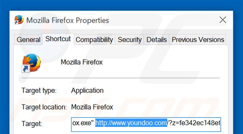 Eliminar youndoo.com del destino del acceso directo de Mozilla Firefox paso 2