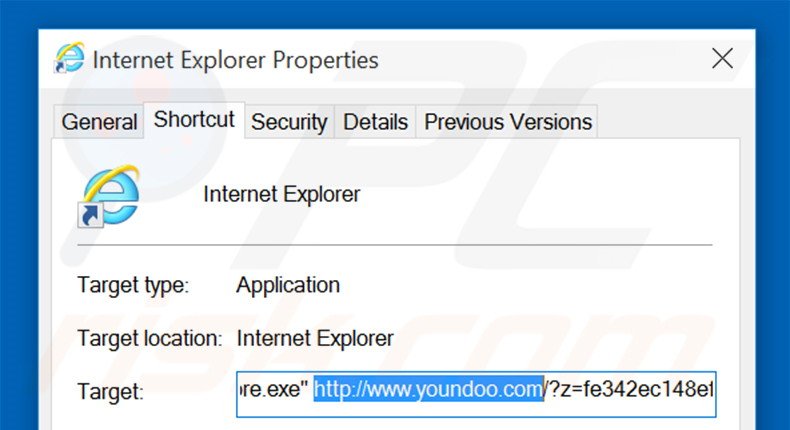 Eliminar youndoo.com del destino del acceso directo de Internet Explorer paso 2