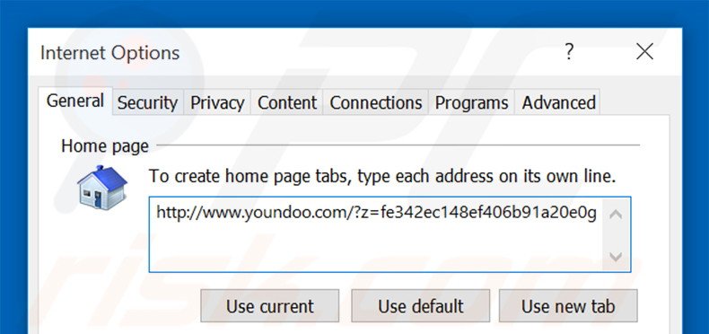 Eliminando youndoo.com de la página de inicio de Internet Explorer