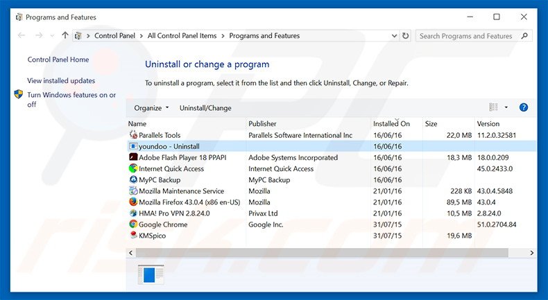 desinstalar el secuestrador de navegadores youndoo.com desde el Panel de control