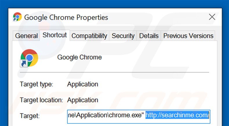 Eliminar searchinme.com del destino del acceso directo de Google Chrome paso 2
