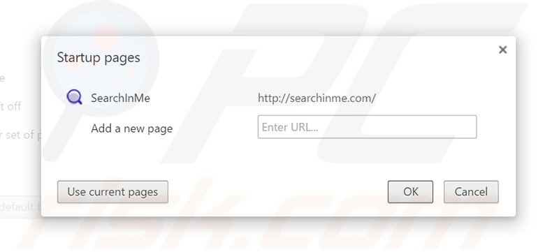 Eliminando searchinme.com de la página de inicio de Google Chrome