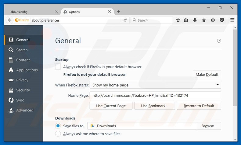 Eliminando searchinme.com de la página de inicio de Mozilla Firefox