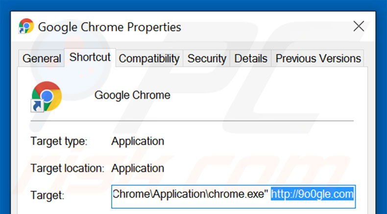 Eliminar 9o0gle.com del destino del acceso directo de Google Chrome paso 2