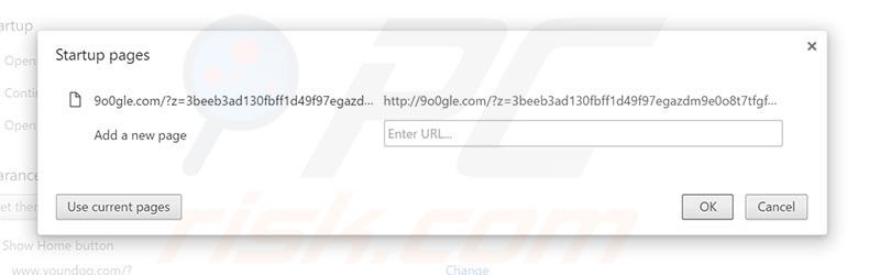 Eliminando 9o0gle.com de la página de inicio de Google Chrome